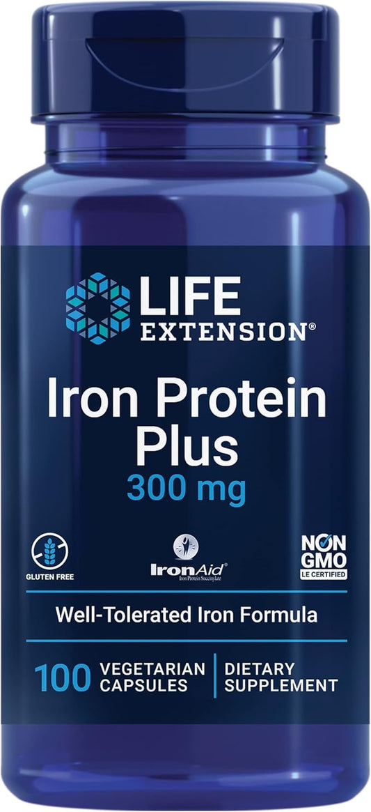 Life Extension Iron Protein Plus, Iron Protein succinylate, absorbable Iron Supplement for Whole-Body Health, Non-GMO, Gluten-Free, Vegetarian, 100 Capsules