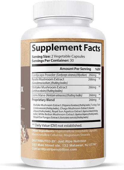 Mushroom Ultra Complex - Reishi, Cordyceps, Lions Mane & Shiitake - Immune System Booster & Nootropic Brain Supplement - Enhance Memory and Focus - Stress Relief - 60 Capsules