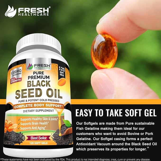 FRESH HEALTHCARE Black Seed Oil Capsules Cold Pressed 1300mg - 100% Pure Non-GMO Nigella Sativa - Immune & Joint Support - Premium Softgel Supplement