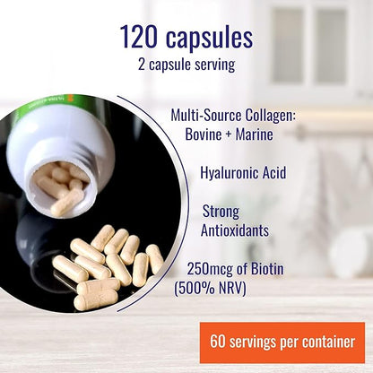 Nutri-Align Multi Collagen | 120 Collagen Peptides Capsules - 600mg Bovine Collagen & 400mg Marine Collagen per Serving | Collagen for Women Hair, Skin & Nails with Vitamins & Amino Acids | Sugar Free