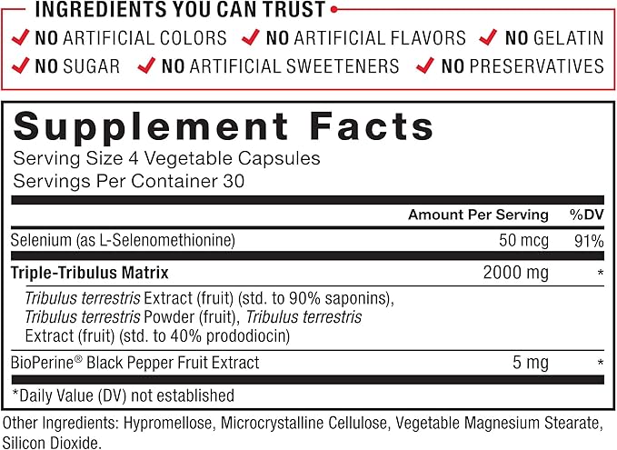FORCE FACTOR Tribulus Terrestris Max for Men, Testosterone Booster and Male Vitality Supplement, for Superior Absorption, 2000mg, 120 Capsules
