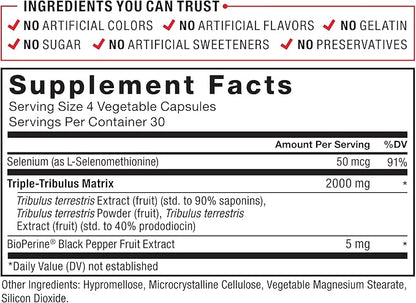 FORCE FACTOR Tribulus Terrestris Max for Men, Testosterone Booster and Male Vitality Supplement, for Superior Absorption, 2000mg, 120 Capsules