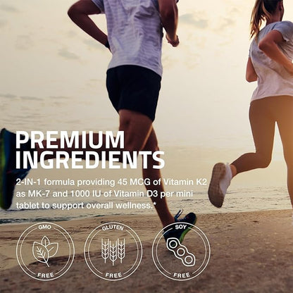 Bronson Vitamin K2 (MK7) with D3 Lower Dose 45mcg Vitamin K2 & 1000 IU Vitamin D3 Easy to Swallow Daily Maintenance 2 in 1 Formula Non-GMO, 360 Mini Tablets