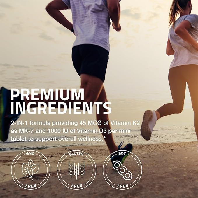 Bronson Vitamin K2 (MK7) with D3 Lower Dose 45mcg Vitamin K2 & 1000 IU Vitamin D3 Easy to Swallow Daily Maintenance 2 in 1 Formula Non-GMO, 180 Mini Tablets