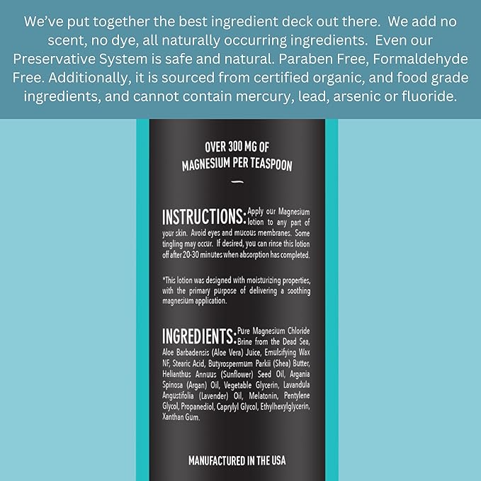 Natural Magnesium Lotion - Highest Potency - Over 1800 MG/oz - 300 mg/tsp - Not Water Based -elepure PURE elements - 8 oz
