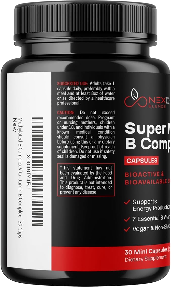 Methylated B Complex Vitamin Supplement - Bioactive Methyl B Complex with 5-MTHF Methyl Folate & B12 Methylcobalamin for Brain Heart Energy & Homocysteine Support - Super Vitamin B Complex (30 count)