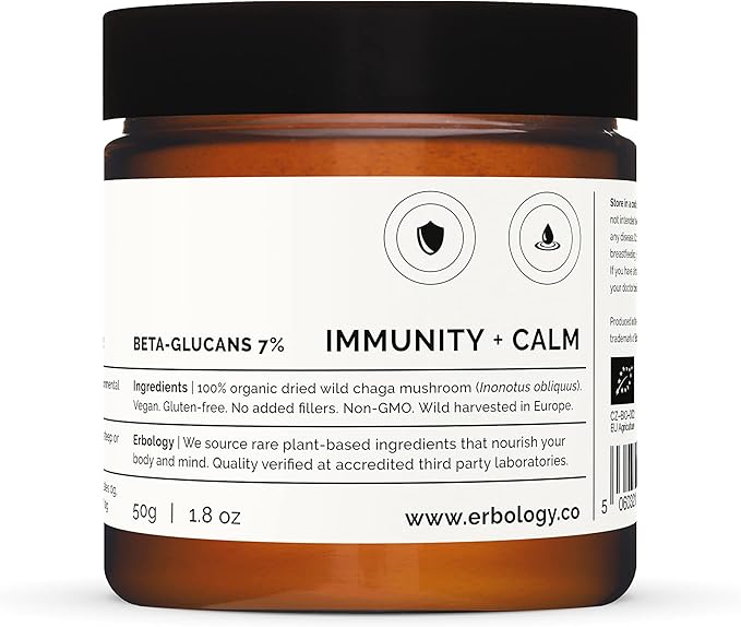 Erbology Organic Chaga Mushroom Powder 50 Servings - 7% Beta-glucans - Immunity Support - Inonotus Obliquus - Small Batch - Sustainably Wild Harvested in Finland - Vegan - Non-GMO - No Added Fillers