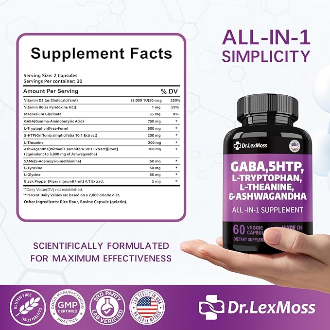 GABA 5 HTP L Tryptophan L Theanine Ashwagandha SAM-e L-Glycine Mood Support Vitamins for Women and Men with L-Tyrosine Made in USA 60 Count