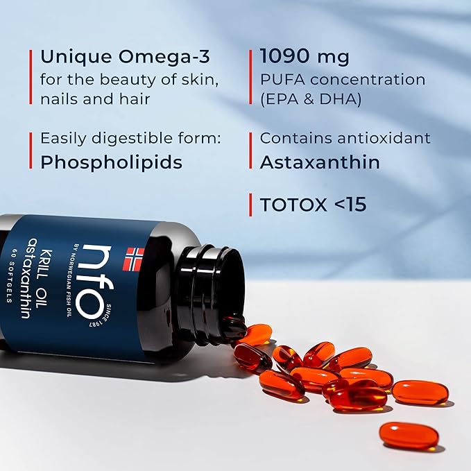NFO Omega Krill Oil - Dual Marine Complex + Natural Antioxidant Astaxanthin | with Phospholipids | Premium Norwegian Formula 60 Capsules