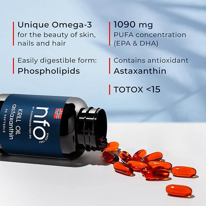 NFO Omega Krill Oil - Dual Marine Complex + Natural Antioxidant Astaxanthin | with Phospholipids | Premium Norwegian Formula 60 Capsules
