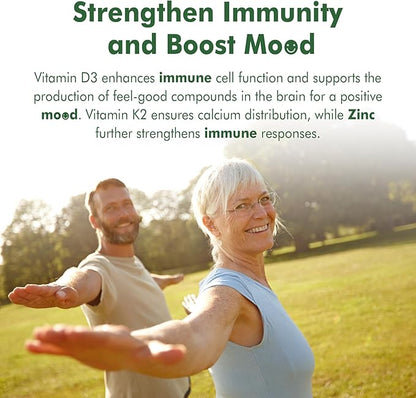 Liposomal Vitamin D3 10000 IU w/Vitamin K2 (MK-7), Turmeric, MCT Oil, Magnesium & Zinc for Max Calcium Absorption, D3 and K2 Supplements for Bone, Moo-d & Immune, Vegan, 120Cts