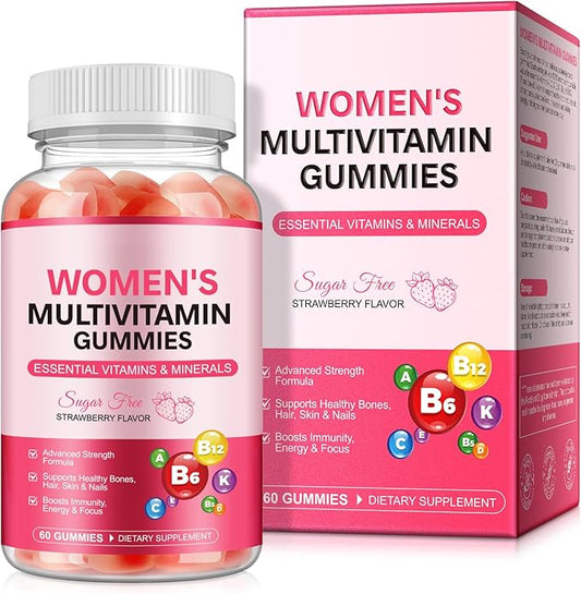 Womens Multivitamin Gummy with Vitamins A, C, D, E, K, B6, B12, Multivitamins for Women, Support Energy Beauty Immune, Hair & Nails, Skin Care, Strawberry Flavor, Sugar Free (60 Gummies)