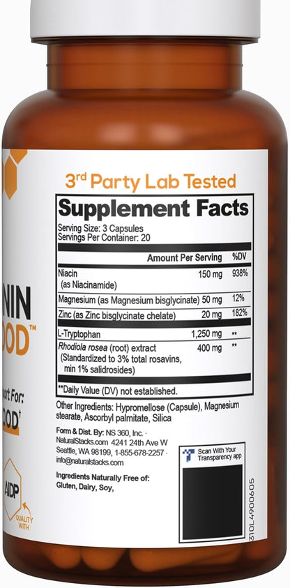 Serotonin Brain Food - 1250mg L-Tryptophan & 400mg Rhodiola Rosea Supplement - Mood Support Supplement for Stress Relief - Neurotransmitter Support with Magnesium Glycinate & Zinc - 60 Capsules