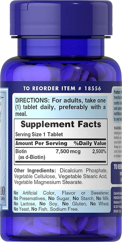 Puritan's Pride Biotin 7500 mcg, Healthy Hair Support, 100 Count, 100 Count (Pack of 1)