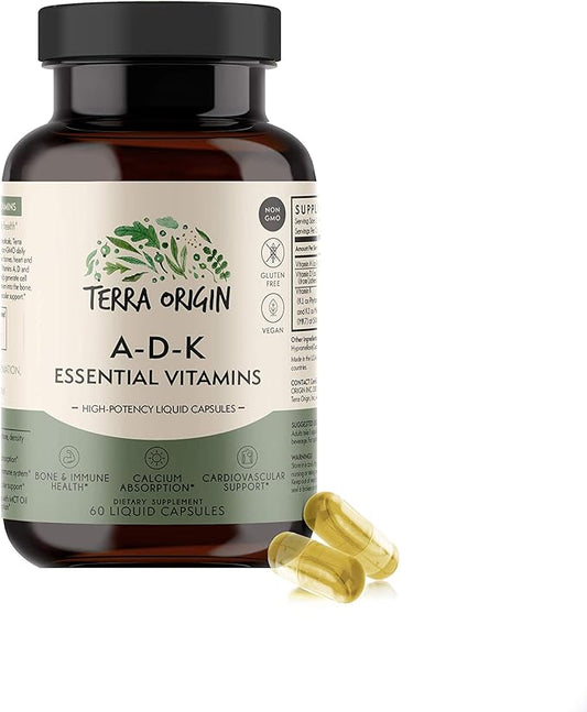 TERRA ORIGIN ADK Essential Vitamin Supplement | 60 Liquid Capsules | High Potency Vitamin A, D 5000 IU, K1 and K2 | Non GMO, Gluten Free, Vegan, Made in USA