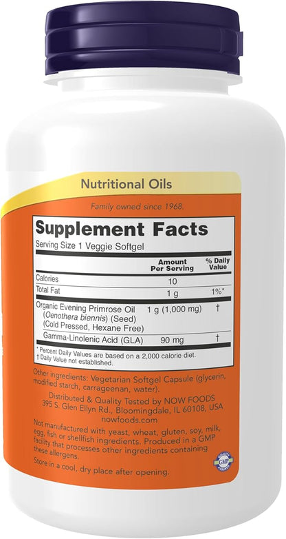 NOW Foods Supplements, Evening Primrose Oil 1000 mg, Cold Pressed, Hexane Free, Vegan Formula, 90 Veg Softgels