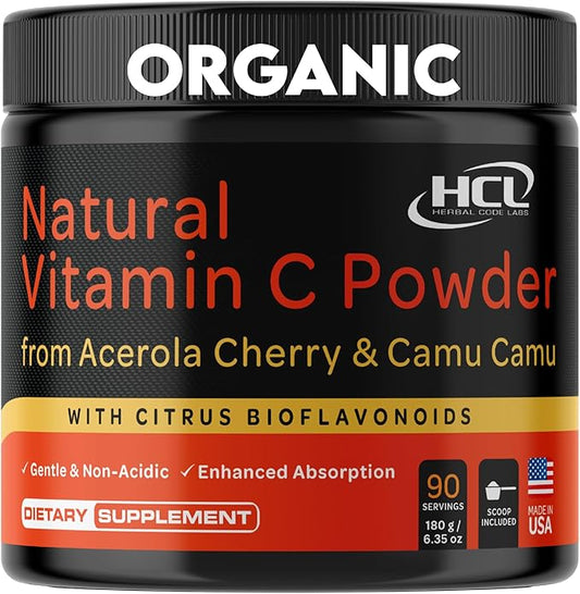 Natural Vitamin C from Organic Acerola Cherry & Camu Camu Powder - High Absorption with Citrus Bioflavonoids - Immune System & Collagen Booster - Anti Aging Skin Vitamins Made in USA 90 servings