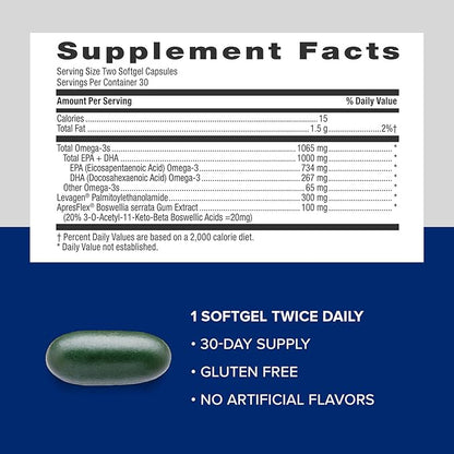 GNC Triple Strength Fish Oil Plus Joint Omega 3, 1000mg EPA and DHA, Heart Health, Plus Fast 5 Day Comfort, Brain, Skin, and Eye, Antioxidants and Botanical Extracts, Control Fish Burps, 30 Servings