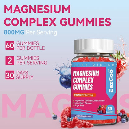Magnesium Gummies 800mg - Vitamin D3, C, B6, B12 & Zinc Complex with Magnesium Glycinate, Citrate & Malate, Magnesium Complex Gummies for Muscle, Mood & Energy, Vegan 120 Counts