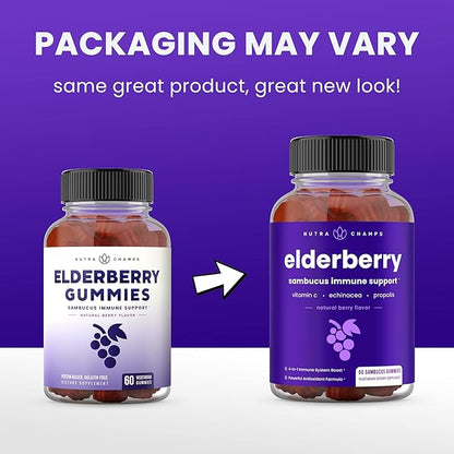 NutraChamps Elderberry Gummies, Sambucus Elderberry Gummies for Adults & Kids, Vitamin C, Propolis & Echinacea, Max Strength Immune Support Gummies, Natural Berry Flavor, 120 Gummies (Pack of 2)