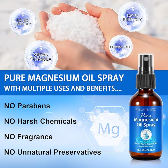 Magnesium Spray, Pure Magnesium Oil Spray for Feet, Organic Natural Ingredient in Glass Bottle, Easy to Absorb and Use
