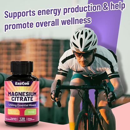 Magnesium Citrate Capsules 1250mg, High Absorption Magnesium Citrate Supplement with Elemental Magnesium, Extra Strength Magnesium Supplement, Non-GMO, Gluten-Free, 120 Vegetable Capsules