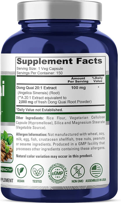 NusaPure Dong QUAI 2,000mg Per Veggie 150 Capsules (Extract 20:1, Non-GMO & Vegan Supplement)