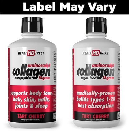HEALTH DIRECT AminoSculpt Sugar-Free Collagen Supplement - High Potency Medical-Grade Protein for Hair, Skin, Nails & Joints, Grass-Fed, Non-GMO, Liquid Collagen - Tart Cherry - 30 Fl Oz