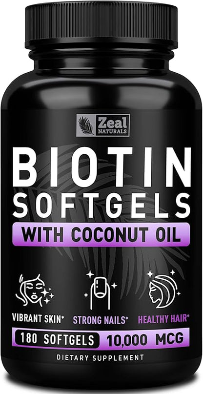 Zeal Naturals Biotin with Coconut Oil for Hair 10000mcg (180 Softgels) Biotin Supplement - Biotin Pills for Hair Skin and Nails Vitamins for Women Biotin Capsules for Men Hair Growth 6 mo Supply
