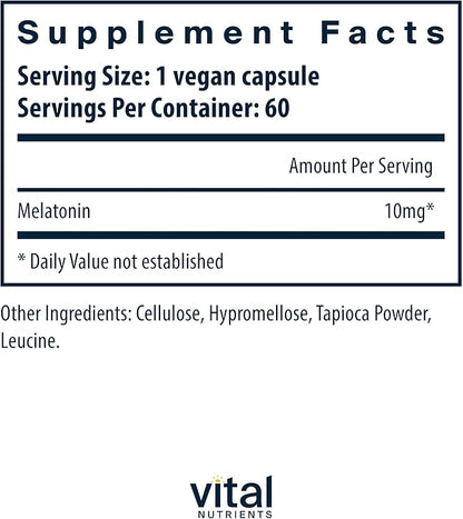Vital Nutrients Melatonin 10mg | Vegan | Sleep Supplement to Support The Body's Natural Sleep Cycle* | Gluten, Dairy, Soy Free | 60 Capsules