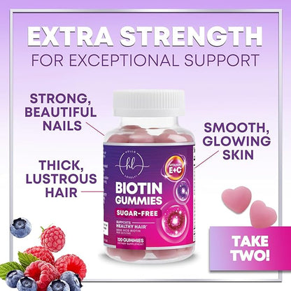 Hair Vitamins Gummy with Biotin 5000 mcg, Sugar-Free Hair Growth Support with Vitamins E & C, Non-GMO, Thicker, Stronger & Beautiful Hair, Skin & Nails, Hair Vitamin for Women & Men - 120 Gummies