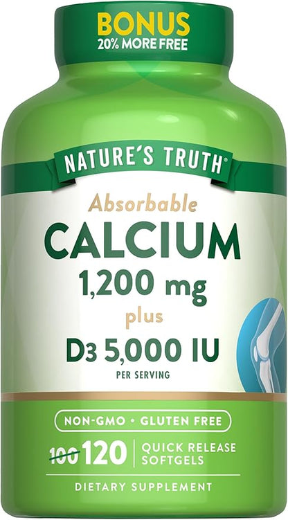 Nature's Truth Absorbable Calcium 1200 mg with Vitamin D3 5000 IU | 120 Softgels | Calcium Carbonate | Non-GMO & Gluten Free Supplement
