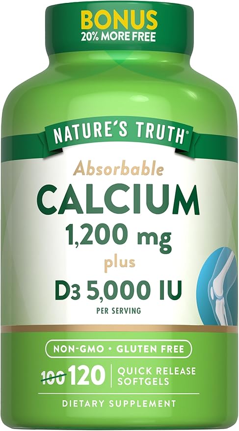 Nature's Truth Absorbable Calcium 1200 mg with Vitamin D3 5000 IU | 120 Softgels | Calcium Carbonate | Non-GMO & Gluten Free Supplement