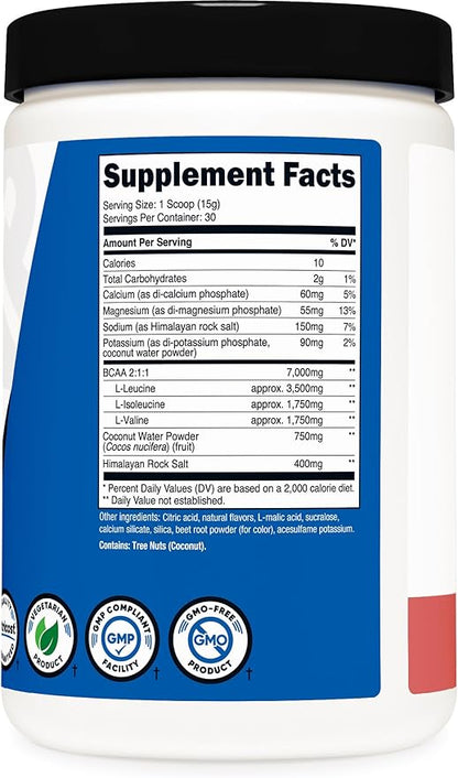 Nutricost BCAA + Hydration Powder (Raspberry Lemonade) 30 Servings - Branched Chain Amino Acids with Hydration Complex - Gluten-Free, Non-GMO