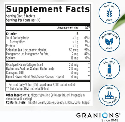 Collagen Complex Supplement – 750mg Hydrolyzed Marine Collagen Peptides, 200mg Hyaluronic Acid, Coenzyme Q10 CoQ10, Eternal Flower Hydration, Age Defense Supplements - 60 Foil Sealed Tablets