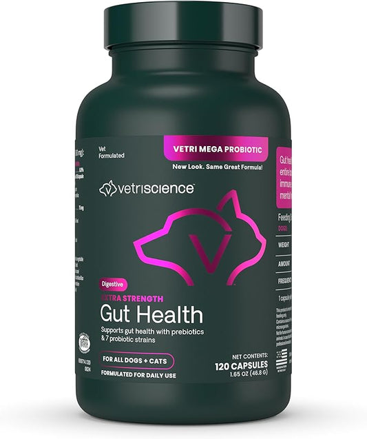 VetriScience Extra Strength Gut Health Probiotic & Prebiotic Digestive Supplements for Dogs & Cats, Gas & Diarrhea & Immune Support, Easy-Open Capsules, 120 Count - New Look