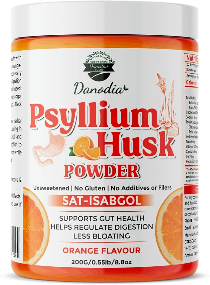 Danodia Foods Organic Psyllium Husk Powder Mild Orange Flavor, 200g (8.8oz) | Sat-Isabgol with 5 Added Herbs | Unsweetened, Gluten-Free, Natural Fiber Supplement for Digestive Health