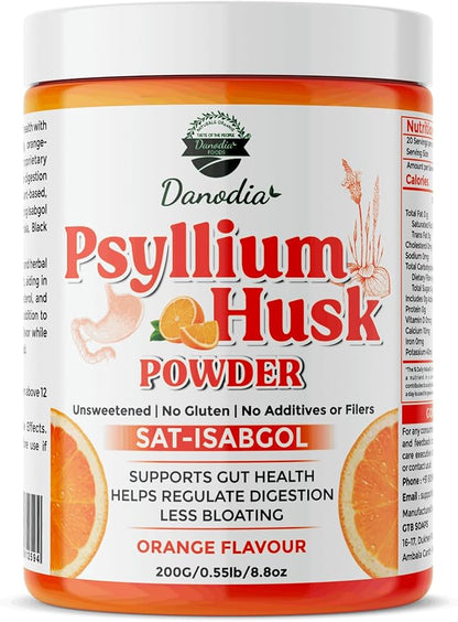 Danodia Foods Organic Psyllium Husk Powder Mild Orange Flavor, 200g (8.8oz) | Sat-Isabgol with 5 Added Herbs | Unsweetened, Gluten-Free, Natural Fiber Supplement for Digestive Health