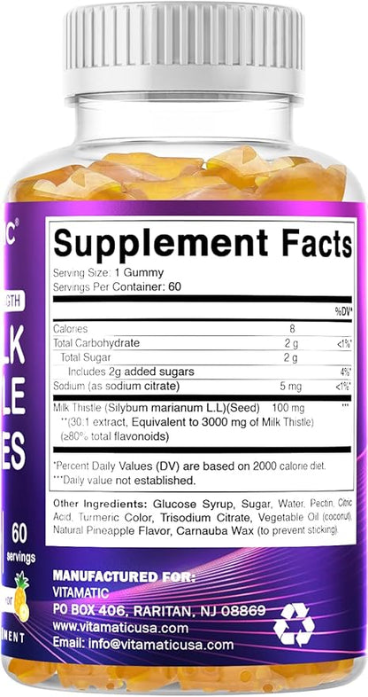 Vitamatic 2 Pack Milk Thistle Gummies- 10000 mg Equivalent Per Serving (from 50:1 Extract 200 mg)- Liver Detox & Anti Oxidant Health - Min. 80% Silymarin Flavonoids - 60 Pectin Based Gummies
