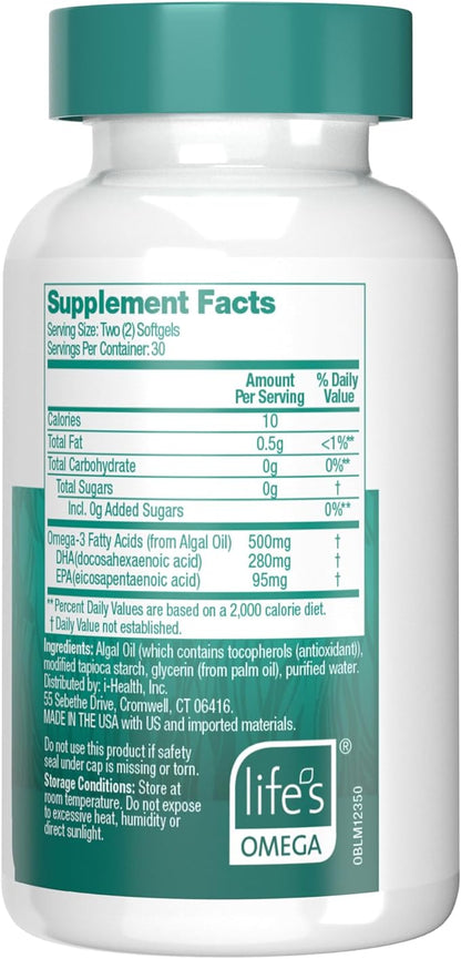 OVEGA-3 Plant-Based Omega-3 from Algal Oil Daily Supplement, 500mg, Supports Brain, Eye & Heart Health, Two mini softgels per Day, 60 Count