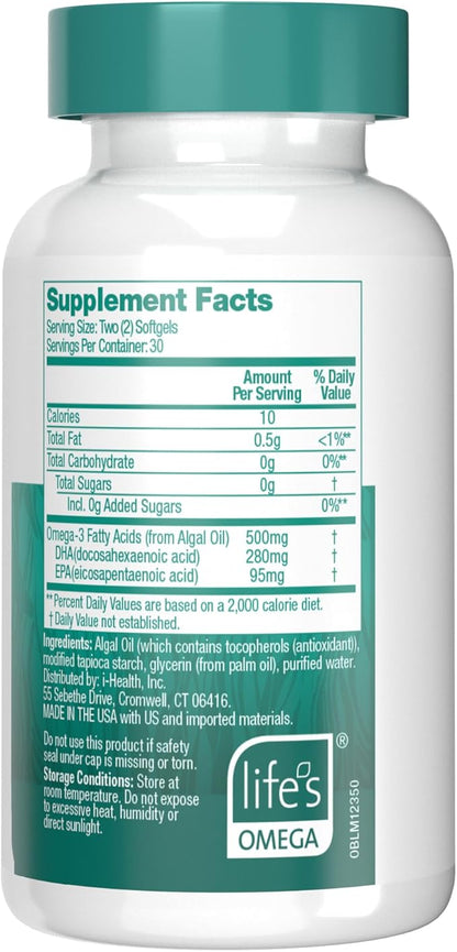 OVEGA-3 Plant-Based Omega-3 from Algal Oil Daily Supplement, 500mg, Supports Brain, Eye & Heart Health, Two Mini softgels per Day, 60 Count (Pack of 2)