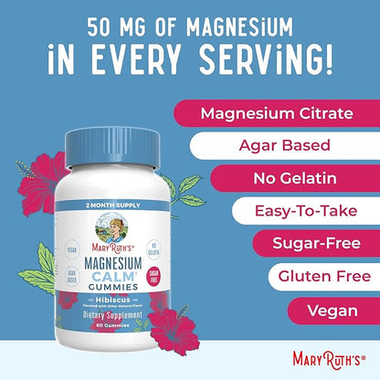 MaryRuth Organics Calm Magnesium Citrate Gummies | 2 Month Supply | Sugar Free | Magnesium Supplement for Adults | Stress Relief | Bone Health | Vegan | 60 Count