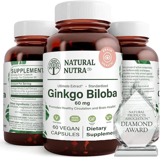 Natural Nutra Ginkgo Biloba, Improves Circulation to The Brain and Boosts Memory, Increases Oxygen Flow, and Enhancing Brain Function, Support Nerve Health, Vegan and Gluten Free, (60) Capsules
