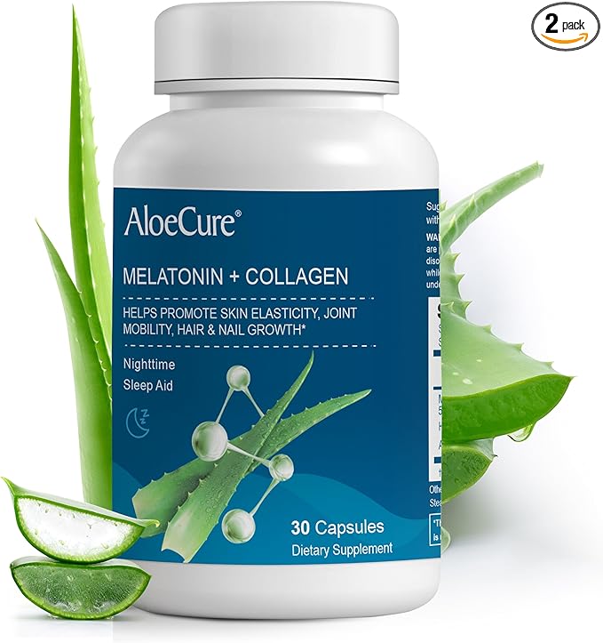 AloeCure Natural Melatonin + Collagen with Organic Aloe Vera - Natural Sleep Aid Supplement for Restful Nights - Collagen Complex for Joint Strength, Skin Elasticity, Hair & Nail Growth, 30 Capsules