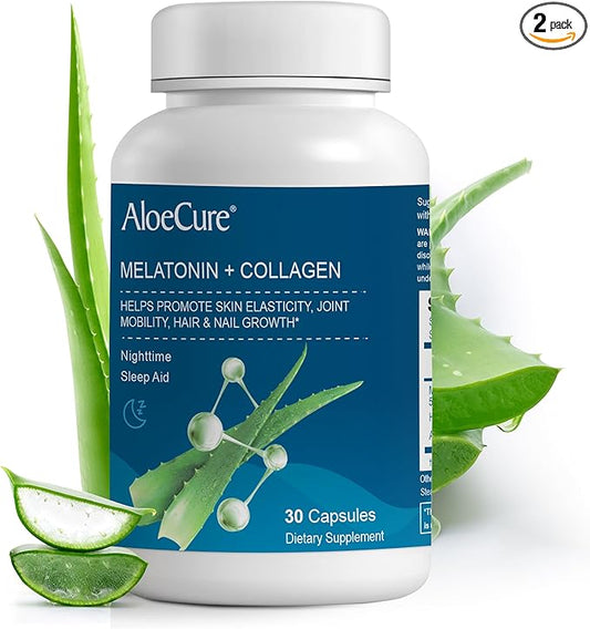 AloeCure Natural Melatonin + Collagen with Organic Aloe Vera - Natural Sleep Aid Supplement for Restful Nights - Collagen Complex for Joint Strength, Skin Elasticity, Hair & Nail Growth, 30 Capsules