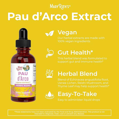 MaryRuth Organics PAU d'Arco Bark Liquid Herbal Supplement | Immune Support, Digestive & Gut Health | Echinacea, Usnea Lichen, Reishi Mushroom, Thyme Leaf | Vegan, Non-GMO | 1 Fl Oz, 1 Month Supply