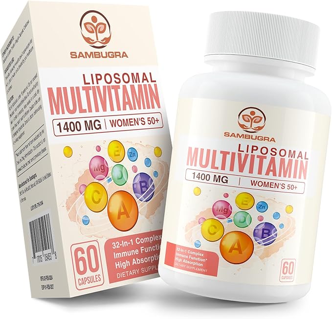 Liposomal Multivitamin for Women 50+ - Women Daily Multivitamin with 32 Ingredients, CoQ10, Vitamins C, B, D, E for Cardiovascular & Bone Health Support - Iron-Free (60 Capsules)