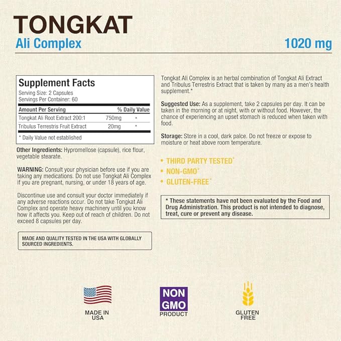 Puregen Labs Tongkat Ali Extract 200 to 1 for Men, 1020mg per Serving, [High Potency] Total 240 Capsules - Men's Health Support with 20mg Tribulus Terrestris | Non-GMO, Gluten Free, Made in USA