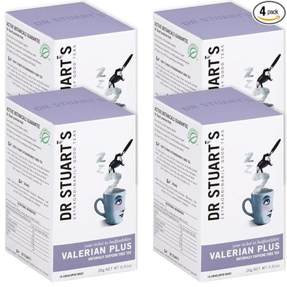 Dr Stuart's Organic Valerian Plus Tea 60 Teabags (15 Bags x Pack of 4) | Herbal Blend of Chamomile, Valerian Root & Fennel | Bedtime Tea Helps in Restful Sleep & Relaxation | Naturally Caffeine Free
