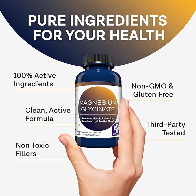 Md.Life Magnesium Glycinate Supplement - Easy to Swallow - 120 Count - Gluten Free Magnesium Glycinate Capsules for Sleep, Heart, and Muscle Health - Gentle on The Stomach & Highly Absorbable